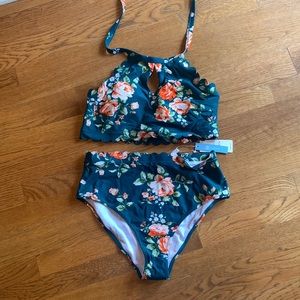 Cupshe green floral high waisted bikini with scalloped detail